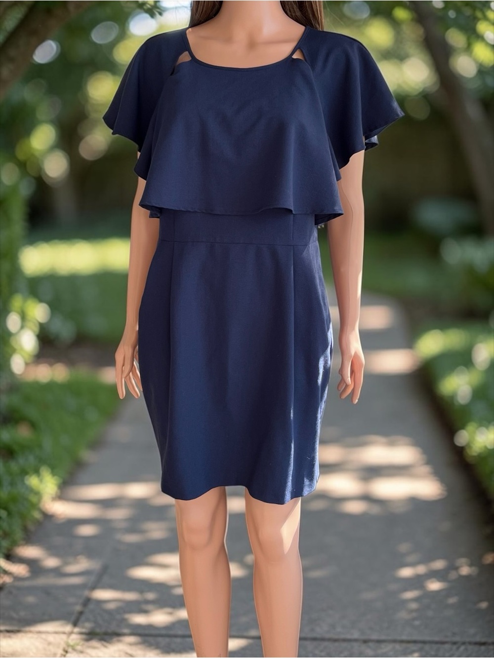 ASOS Navy Cape Overlay Sheath Dress Size 12 Flutter Sleeve Career Cocktail